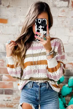 Multicolor Striped Hollowed Knit Sweater