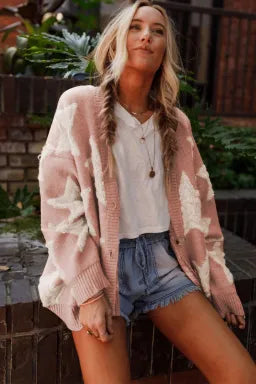 Pink Sherpa Star Pattern Textured Sweater Cardigan