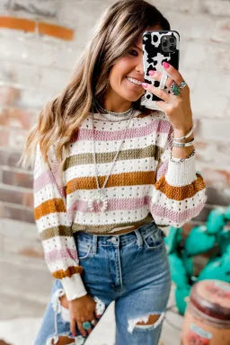 Multicolor Striped Hollowed Knit Sweater