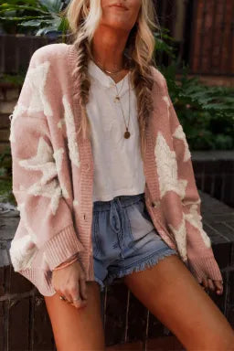 Pink Sherpa Star Pattern Textured Sweater Cardigan