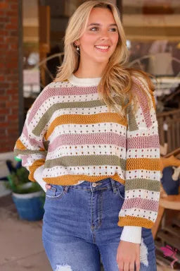 Multicolor Striped Hollowed Knit Sweater