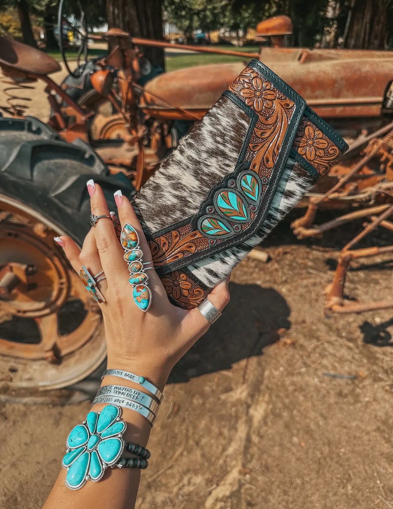 Turquoise Tooled Leather cowhide wallet