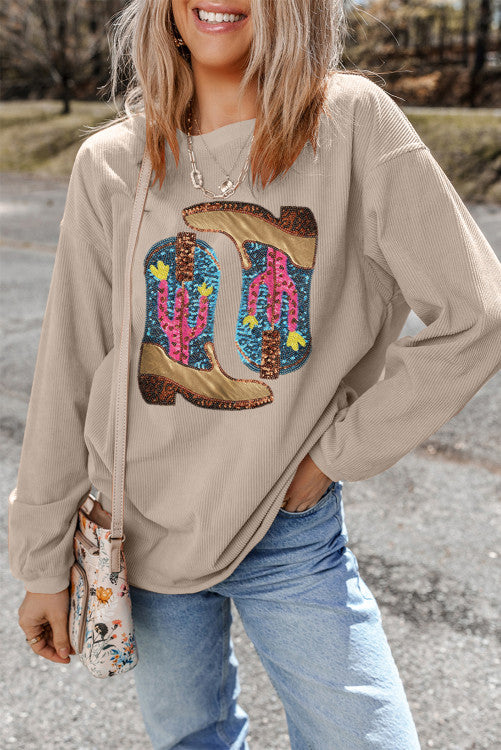 Cowboy boot graphic corded loose sweatshirt