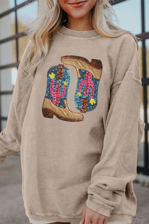 Cowboy boot graphic corded loose sweatshirt