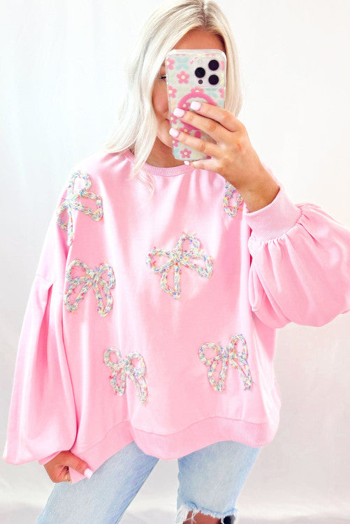 Light Pink Embroidered Bow Oversized Pullover