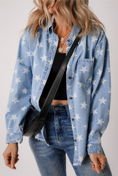 Sky Blue Star Print Denim Jacket