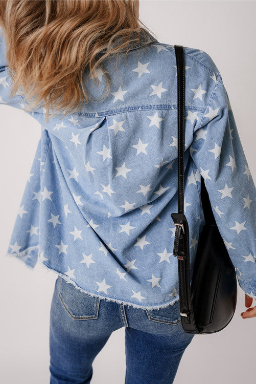 Sky Blue Star Print Denim Jacket