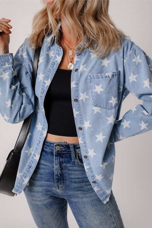 Sky Blue Star Print Denim Jacket