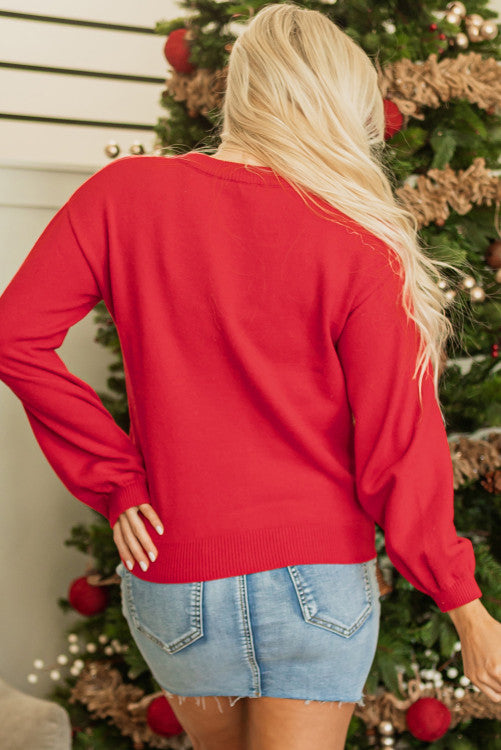 Fiery Red Merry Pearl Beaded Sweater