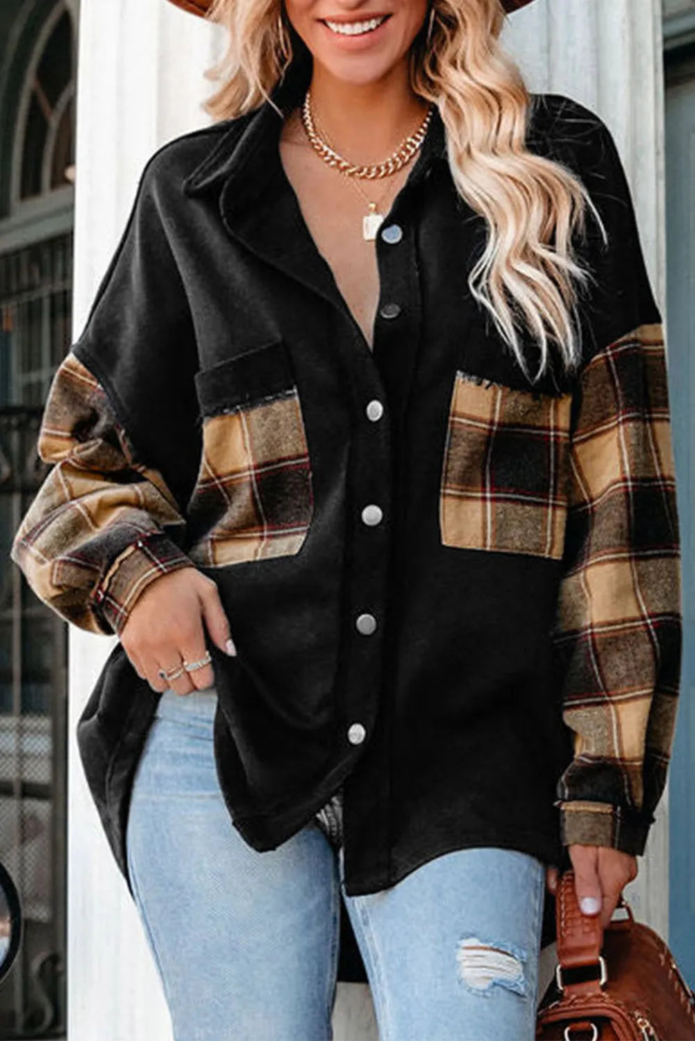 Black Plaid Patchwork Chest Pockets Oversized Shirt Jacket